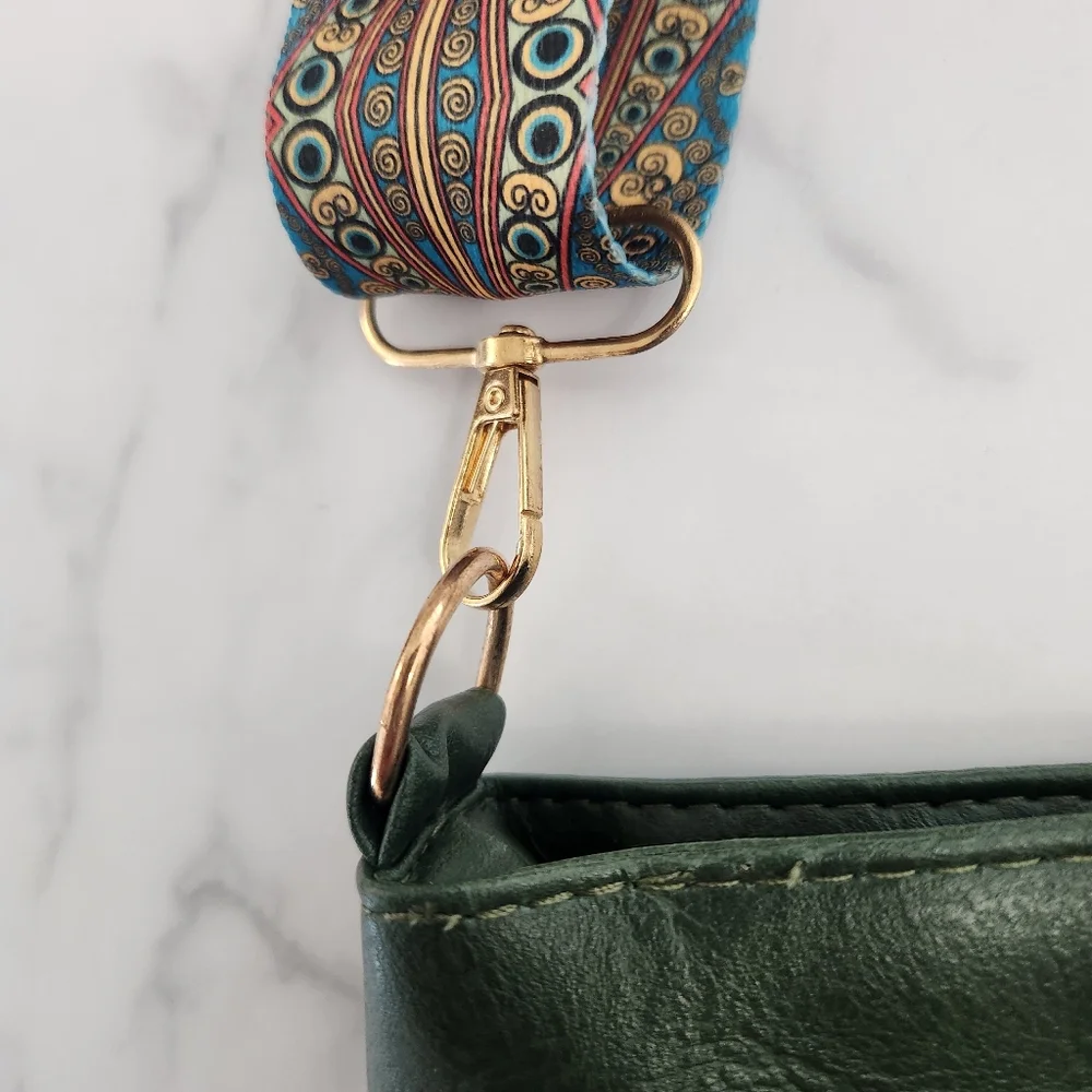 Unisex Army Green Tote Bag with Patterned Boho Strap - Picture 8 of 16